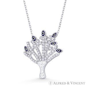 Evil Eye Tree-of-Life Bead & CZ Crystal Charm Pendant in .925 Sterling Silver